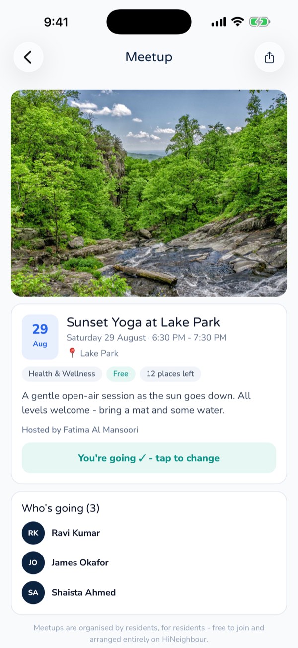 A meetup page in the HiNeighbour app